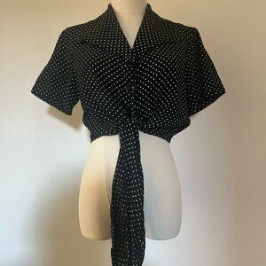 Vintage 1990s Black and White Polka Dot Button Up Tie Waist Top - Medium